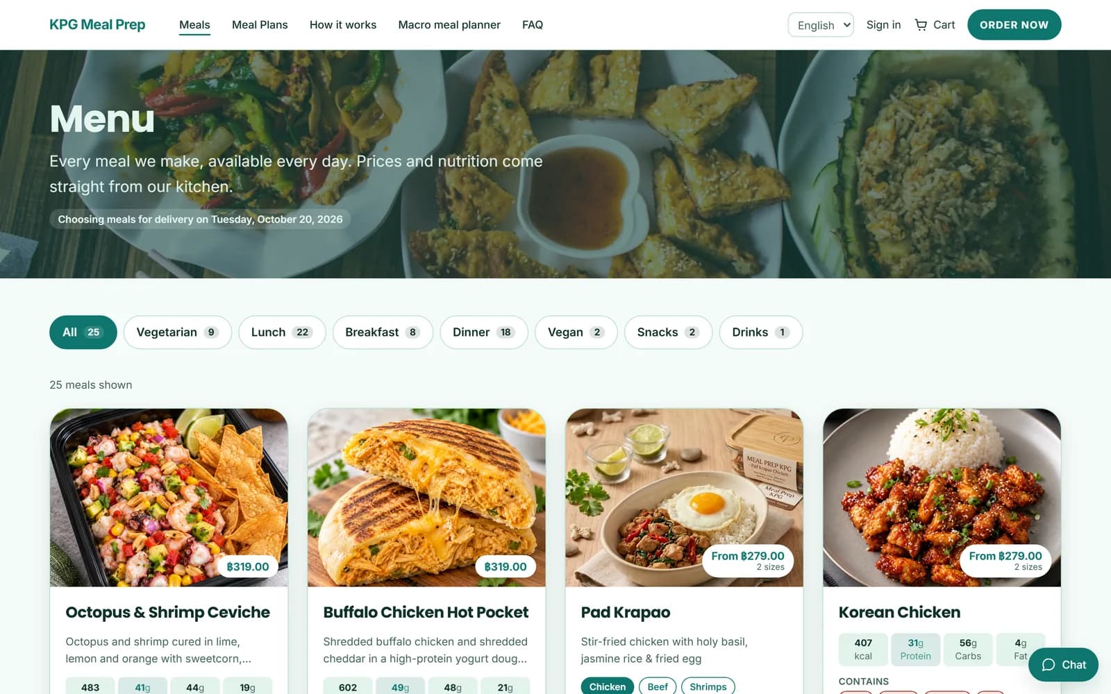 The KPG Meal Prep menu, a real shop running on Mealforma: meal photos with prices, calories and macros